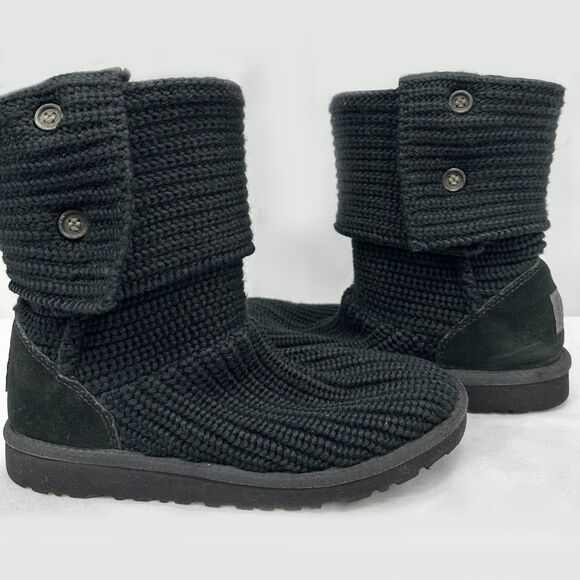UGG Boots Cardy Sweater Knit Tall Womens Size 6 Black 2-Button Foldover Y2K - Picture 6 of 10